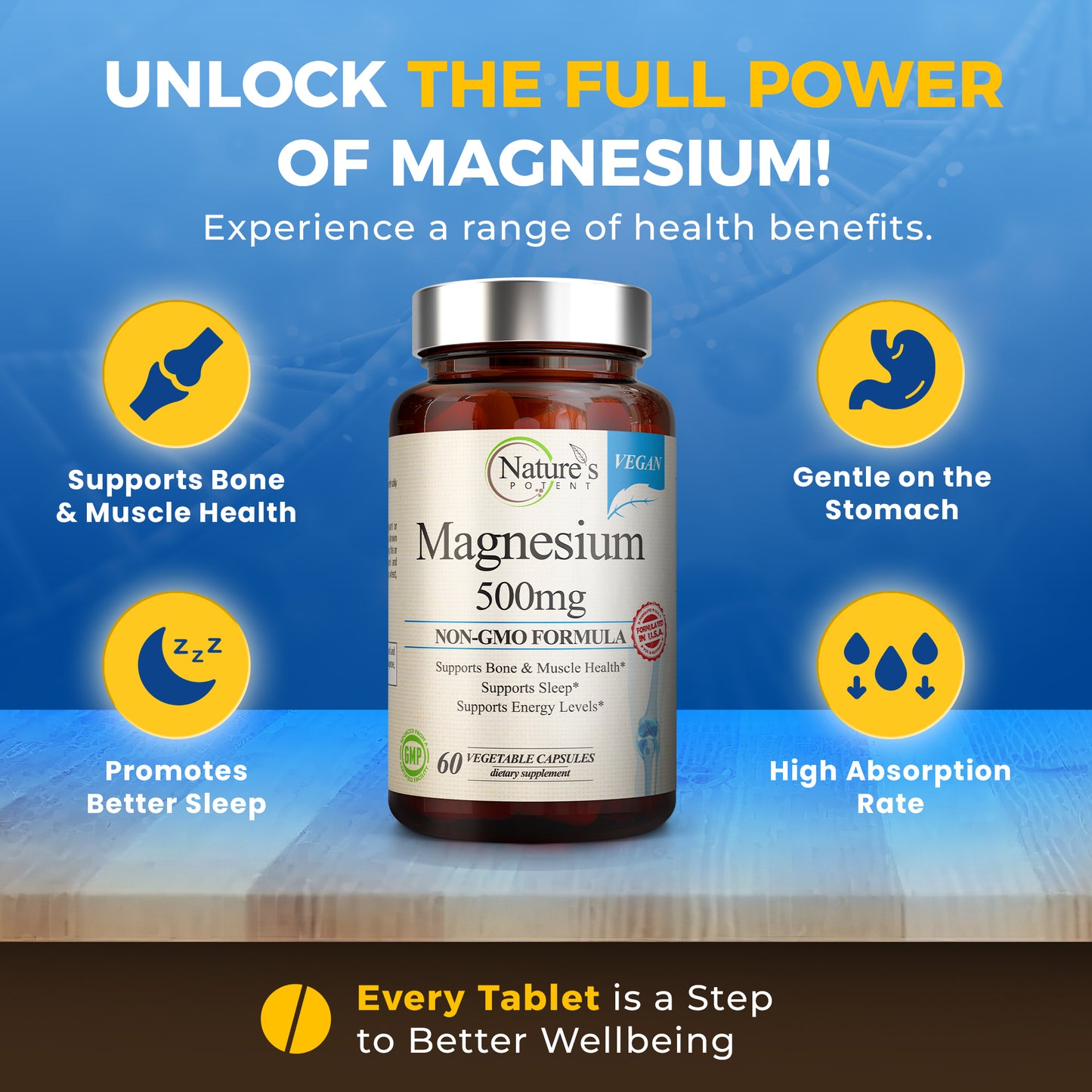 Vegan Magnesium 500mg Capsules: Support for Bones, Muscles & Sleep - 60 Count