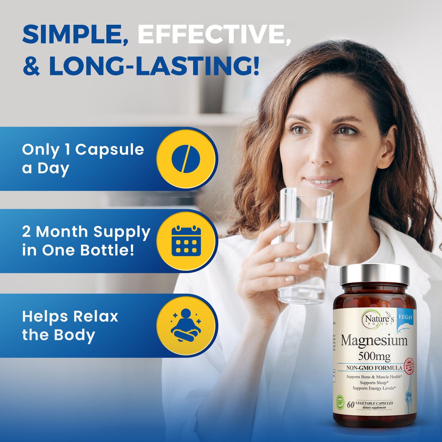 Vegan Magnesium 500mg Capsules: Support for Bones, Muscles & Sleep - 60 Count