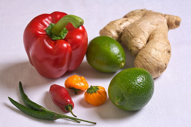 Peppers, limes and a ginger root
