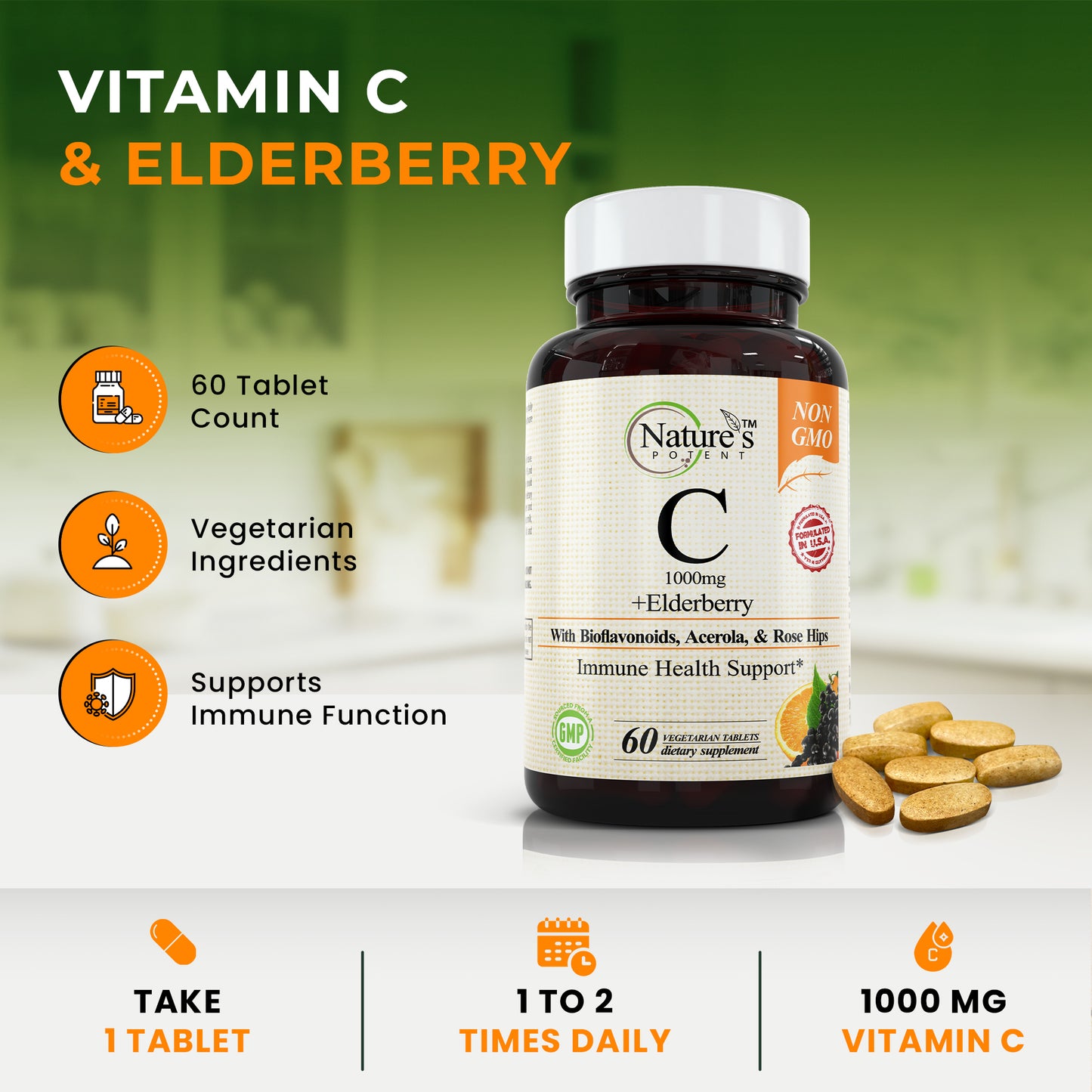 Vitamin C 1000mg w/ Rose Hips, Acerola & Bioflavonoids, Non-GMO | Vegan | 60 Servings
