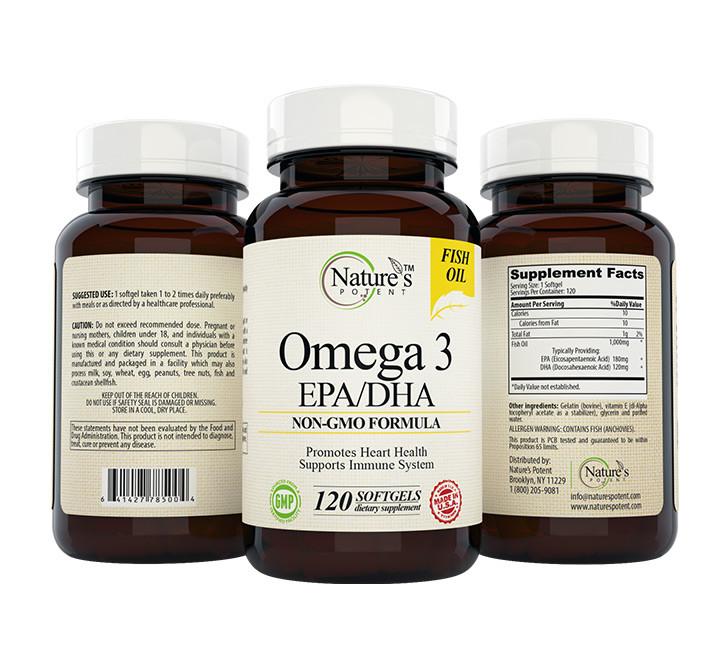 Nature's Potent - 1000mg Omega 3 EPA/DHA Fish Oil, 120 Softgels