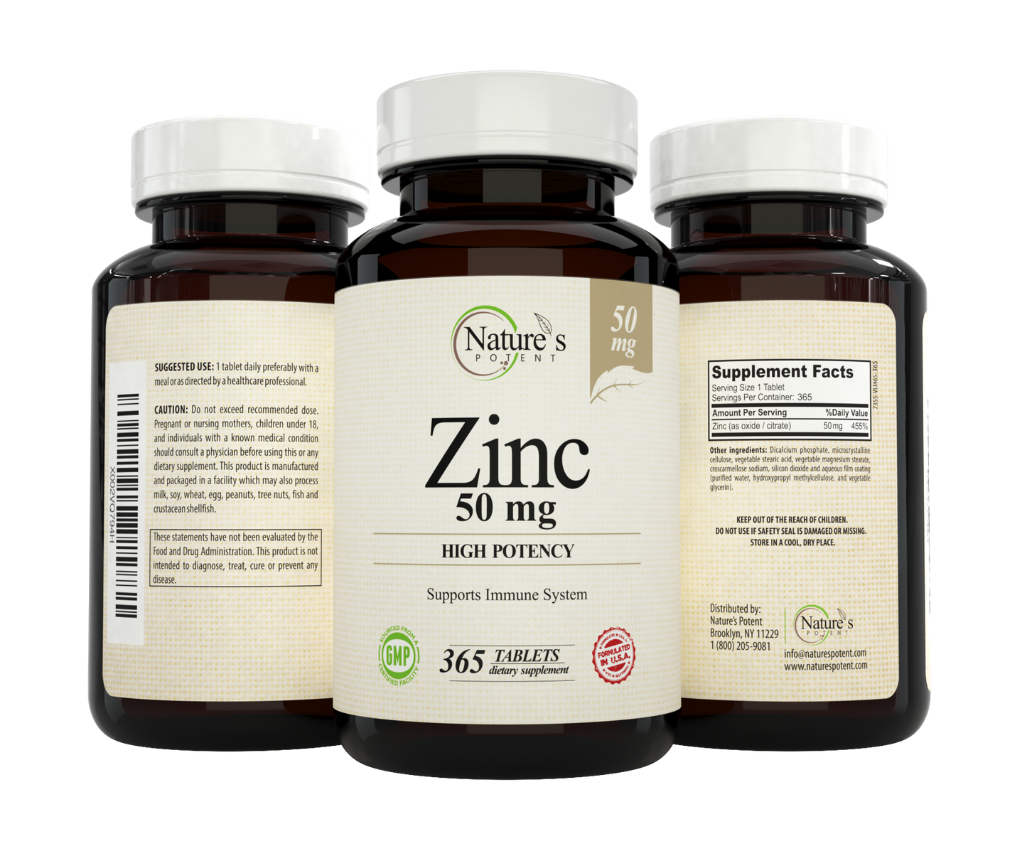 Nature's Potent Zinc 50 mg, 365 Tablets Immune Support Supplement 