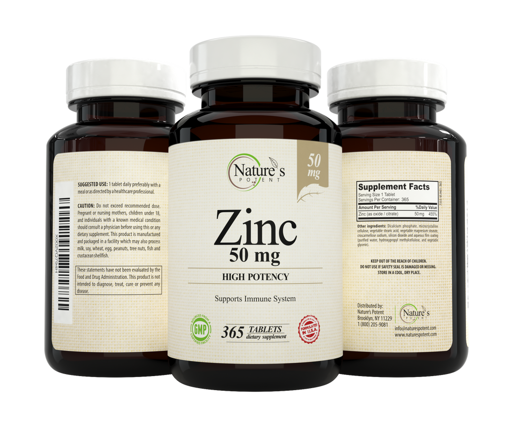 Nature's Potent Zinc 50 mg, 365 Tablets Immune Support Supplement 